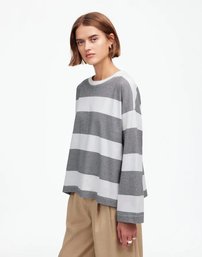Madewell Oversized Crewneck LongSleeve Tee In Stripe Eyelet White Women Tees