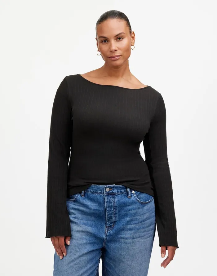 Madewell Ribbed LongSleeve Boatneck Top Jet Black Women Tees