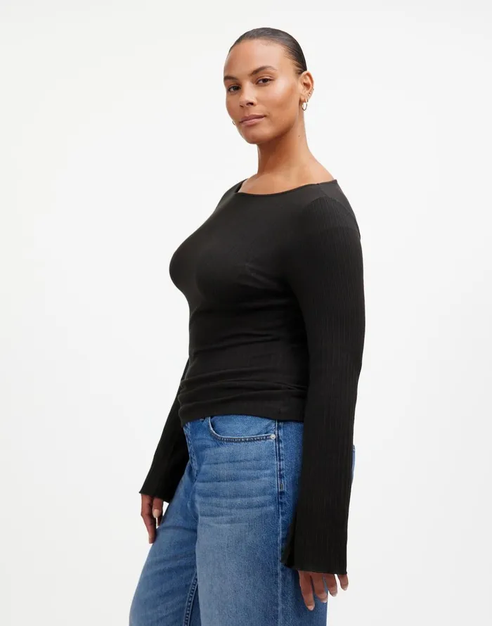 Madewell Ribbed LongSleeve Boatneck Top Jet Black Women Tees