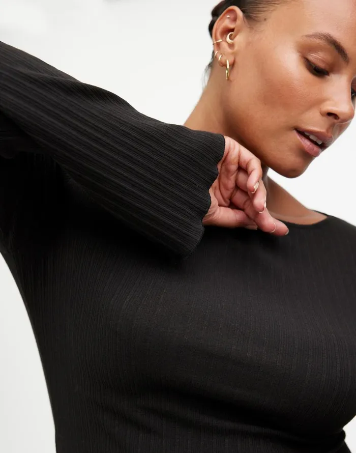 Madewell Ribbed LongSleeve Boatneck Top Jet Black Women Tees