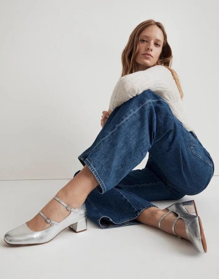 Madewell The Nettie Heeled Mary Jane Bright Silver Women Heels