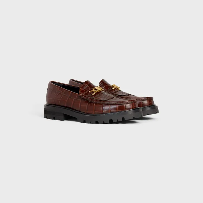 Margaret Loafer With Triomphe In Crocodile Stamped Calfskin Dark Brown Women CELINE LOAFERS AND FLATS