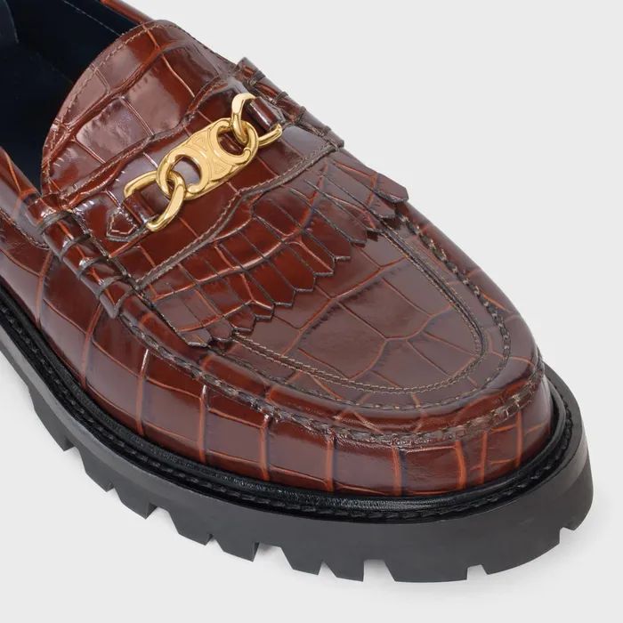 Margaret Loafer With Triomphe In Crocodile Stamped Calfskin Dark Brown Women CELINE LOAFERS AND FLATS