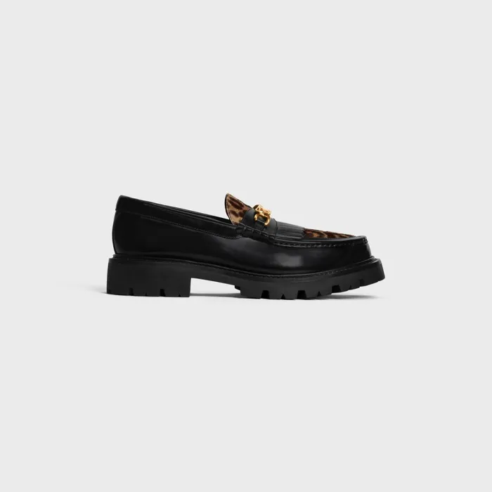 Margaret Loafer With Triomphe In Polished Bull and Leopard Printed Hairy Calfskin Cal Black Brown Beige Women CELINE LOAFERS AND FLATS Margaret Loafer With Triomphe In Polished Bull and Leopard Printed Hairy Calfskin Cal Black Brown Beige Women CELINE LOAFERS AND FLATS