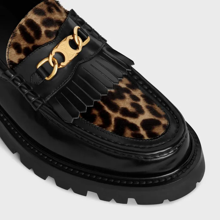 Margaret Loafer With Triomphe In Polished Bull and Leopard Printed Hairy Calfskin Cal Black Brown Beige Women CELINE LOAFERS AND FLATS