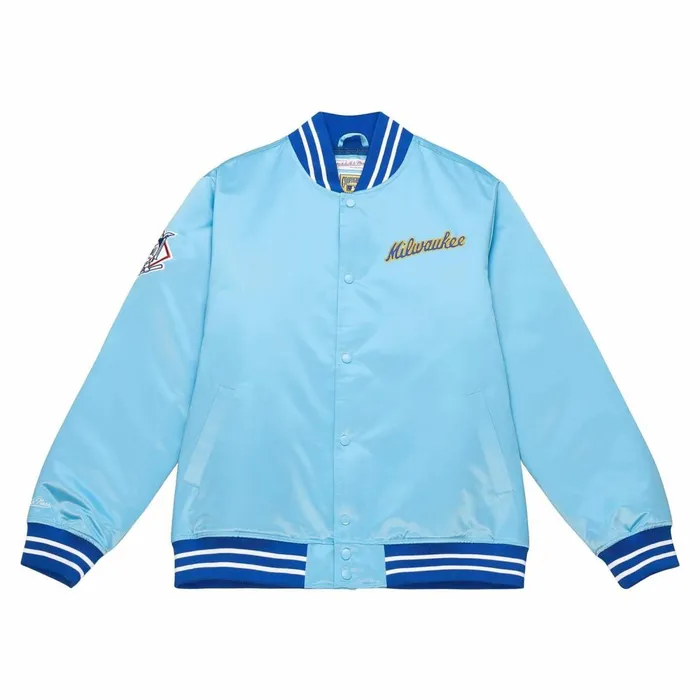 Men039s MLB Mitchell and Ness Heavyweight Satin Jacket Milwaukee Brewers