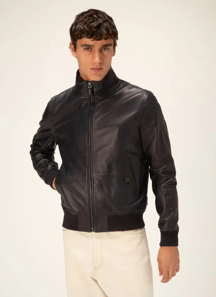Men Bally Leather Bomber Jacket 8211 Leather Outerwear In Navy