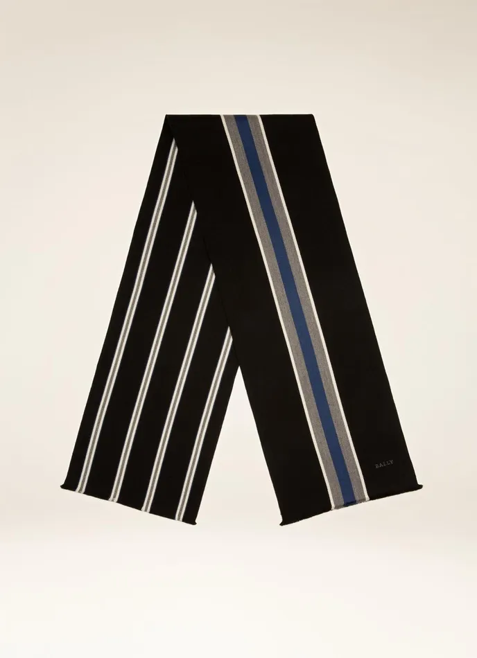 Men Bally Scarves Stripe Scarf 8211 Virgin Wool Scarf In Black