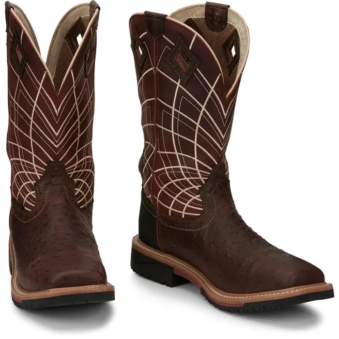 MEN Derrickman 12034 Waterproof Comp Toe Walnut Ostrich Print Justin Boots Work MEN Derrickman 12034 Waterproof Comp Toe Walnut Ostrich Print Justin Boots Work