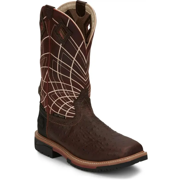 MEN Derrickman 12034 Waterproof Comp Toe Walnut Ostrich Print Justin Boots Work
