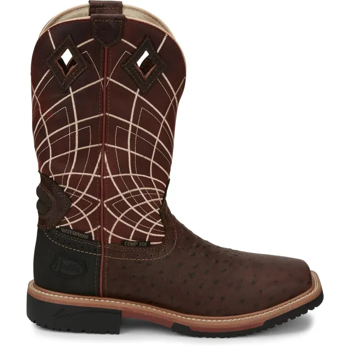MEN Derrickman 12034 Waterproof Comp Toe Walnut Ostrich Print Justin Boots Work
