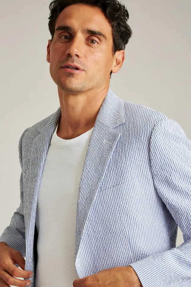 Men Italian Stretch Seersucker Suit Jacket Navy And White Seersucker Bonobos Blazers and Sport Coats