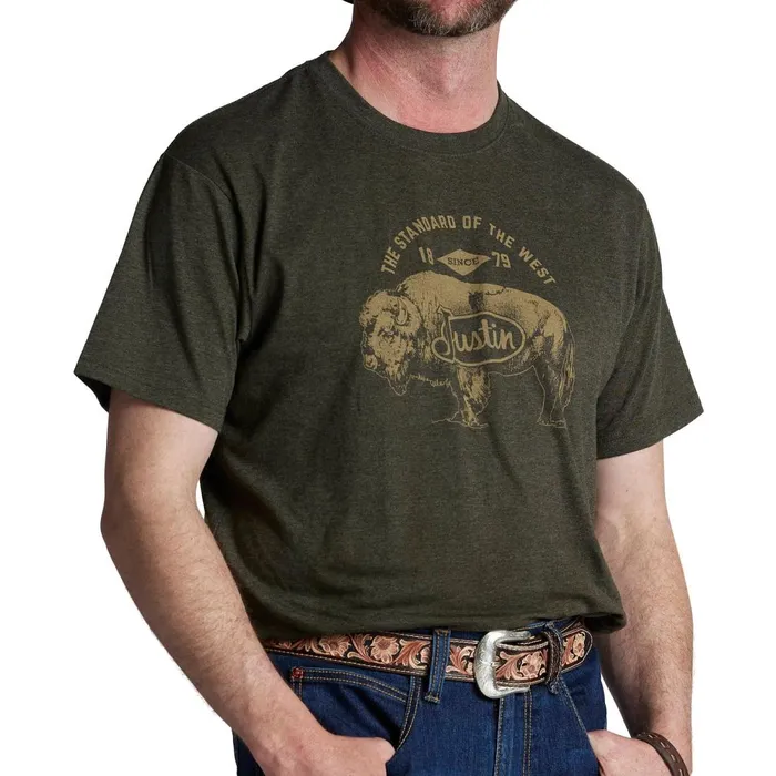 MEN Justin Bison Tee Olive Heather Justin Boots TShirts and Polos