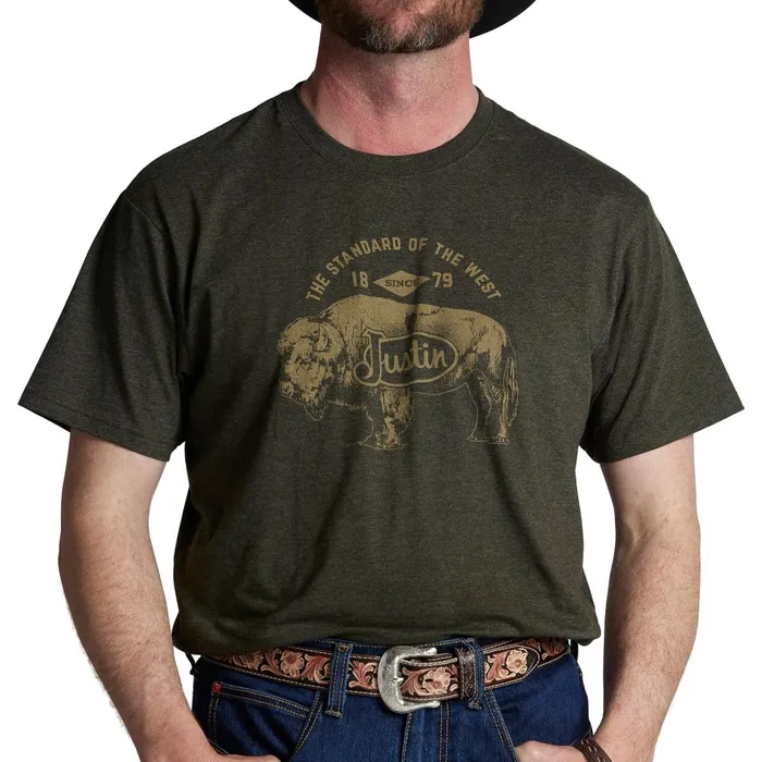 MEN Justin Bison Tee Olive Heather Justin Boots TShirts and Polos