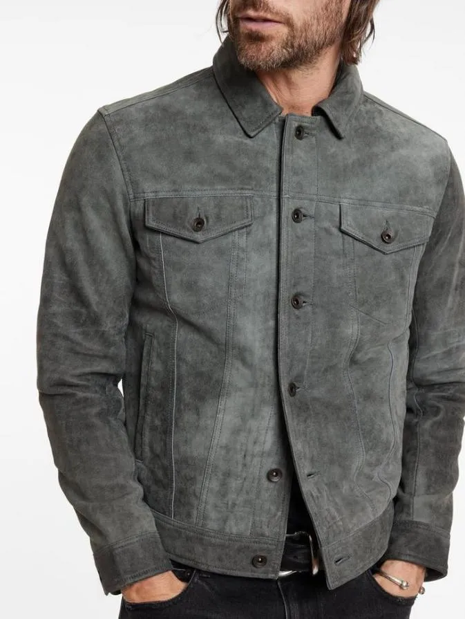 Men Leather Jackets John Varvatos ANDREW TRUCKER JACKET Grey Stone