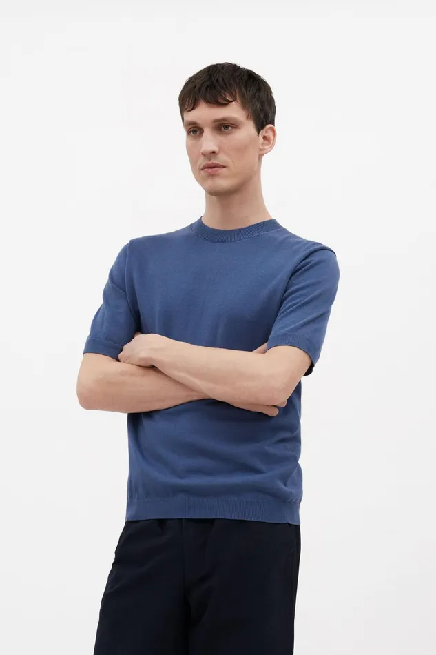 Men Norse Projects Knitwear Rhys Cotton Linen Tshirt Calcite Blue