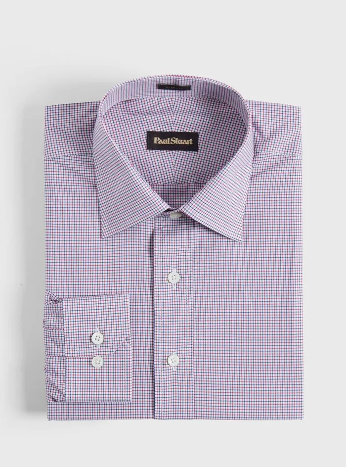 Men Paul Stuart Dress Shirts Micro Check Slim Fit Dress Shirt Red