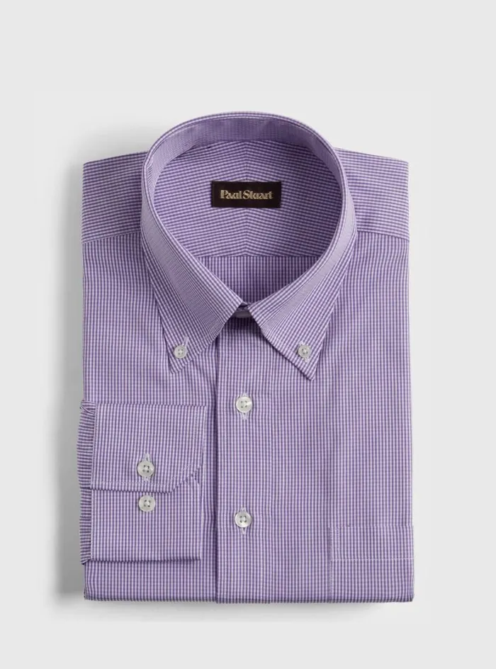 Men Paul Stuart Dress Shirts Micro Gingham Check Dress Shirt Purple
