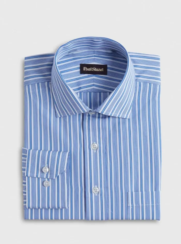 Men Paul Stuart Dress Shirts Variegated Stripe Cotton Dress Shirt Blue