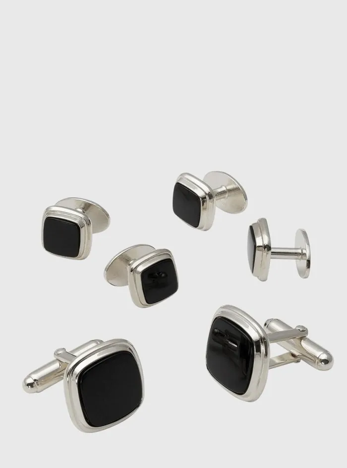 Men Paul Stuart Jewelry Black Onyx Square Cufflink Stud Set Silver
