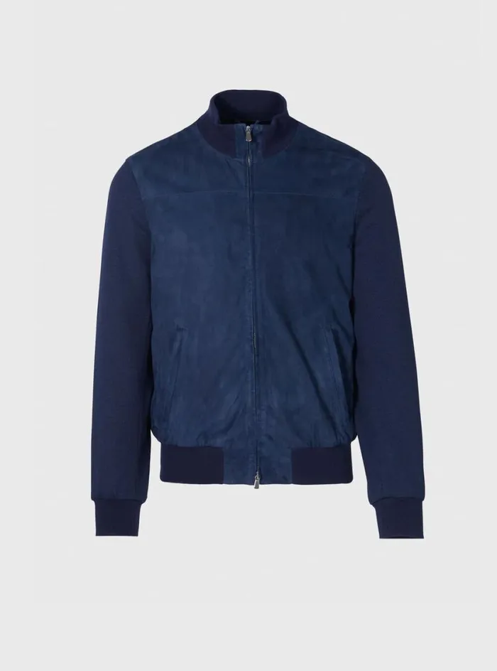 Men Paul Stuart Outerwear Suede And Jersey Bomber Jacket Blue