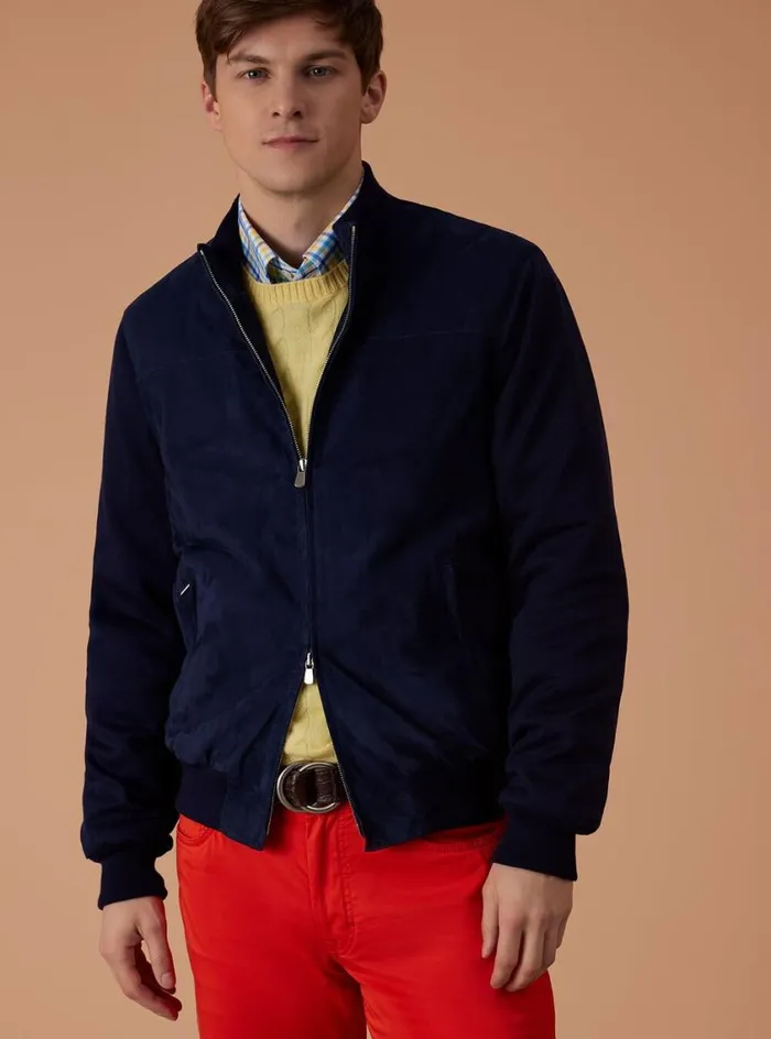 Men Paul Stuart Outerwear Suede And Jersey Bomber Jacket Blue