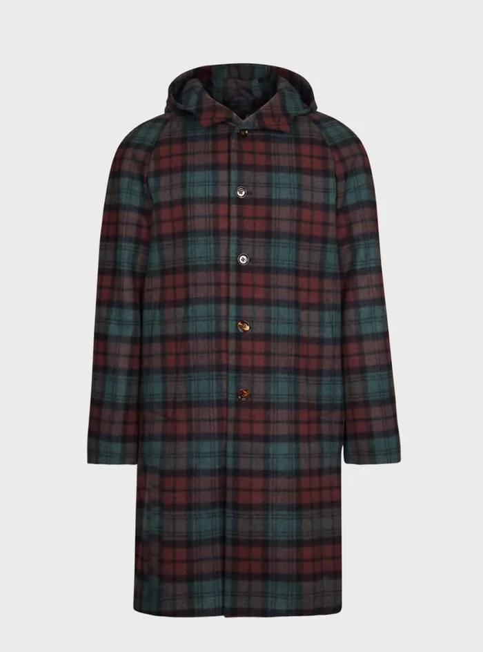 Men Paul Stuart Outerwear Tartan Plaid Wool Hooded Coat Olivemulti