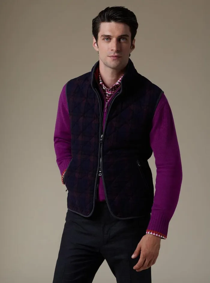 Men Paul Stuart Outerwear Wool Plaid Quilted Vest Navyburgundy