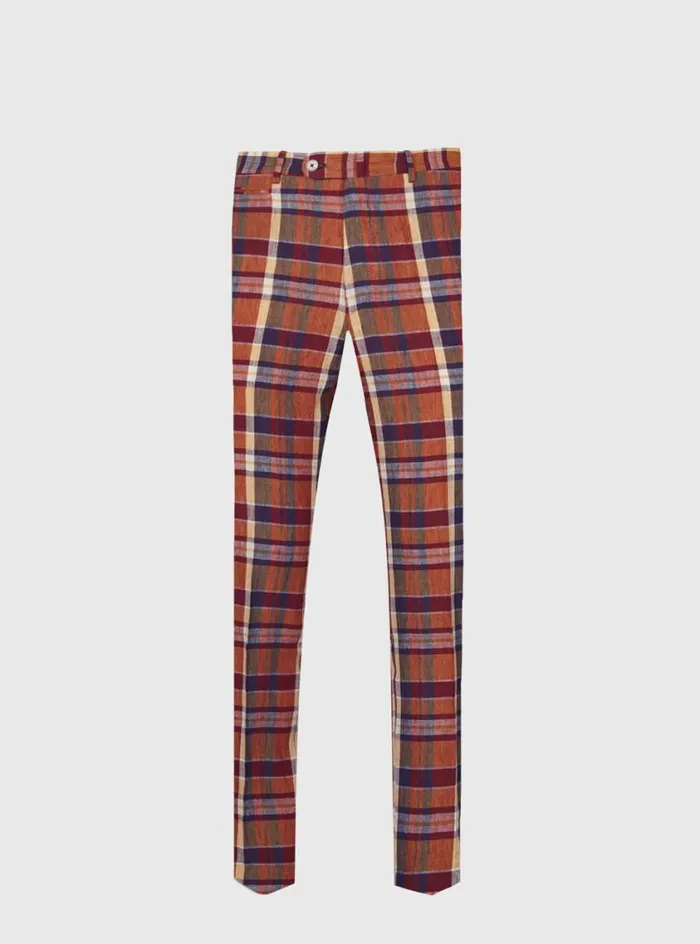 Men Paul Stuart Pants Linen Plaid Plain Front Dress Trouser Coral