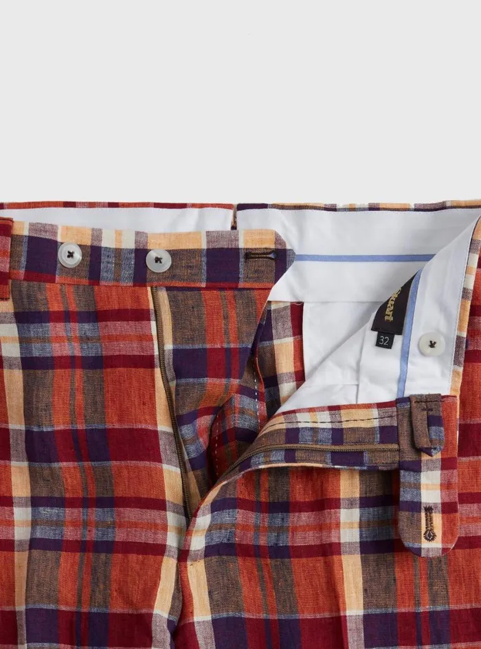 Men Paul Stuart Pants Linen Plaid Plain Front Dress Trouser Coral