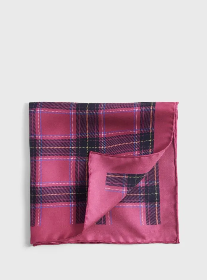 Men Paul Stuart Pocket Squares Silk Plaid Print Pocket Square Berry
