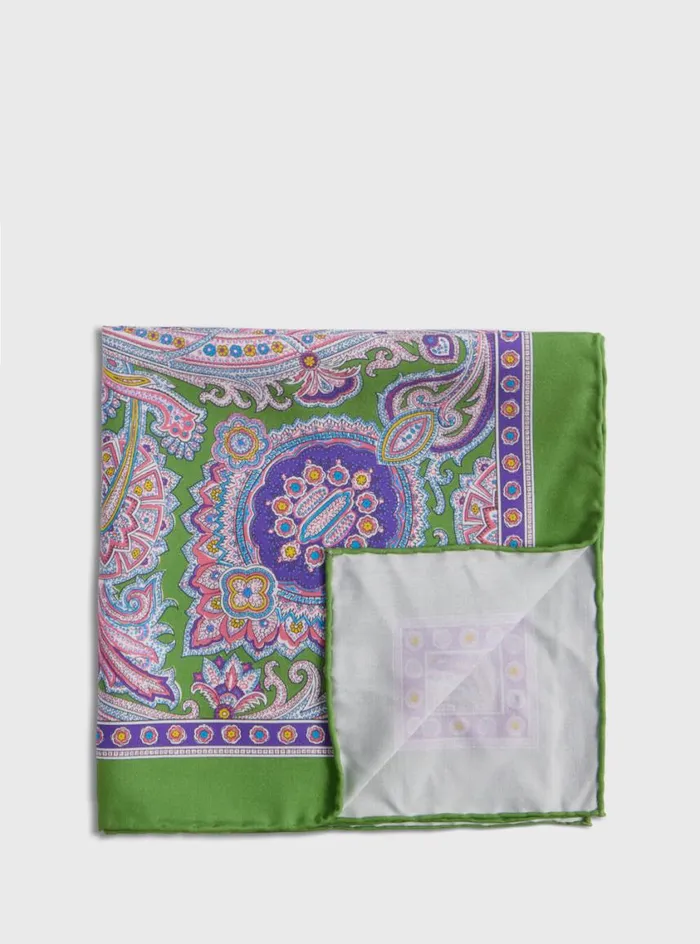 Men Paul Stuart Pocket Squares Silk Twill Paisley Pocket Square Pistachio