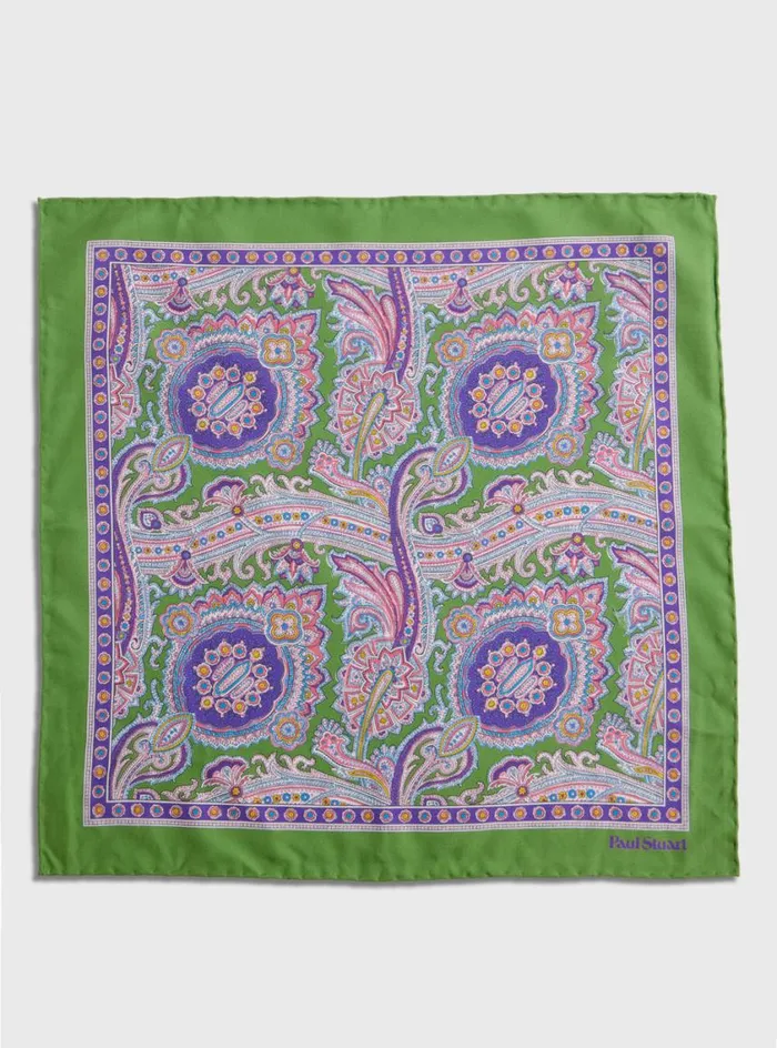 Men Paul Stuart Pocket Squares Silk Twill Paisley Pocket Square Pistachio