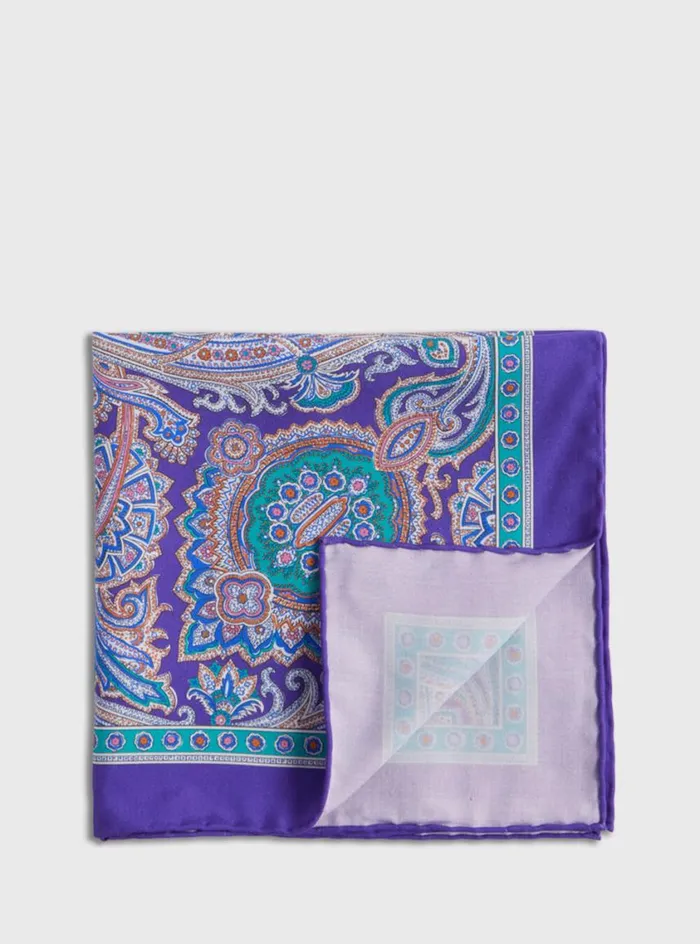Men Paul Stuart Pocket Squares Silk Twill Paisley Pocket Square Purple