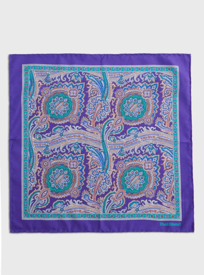Men Paul Stuart Pocket Squares Silk Twill Paisley Pocket Square Purple
