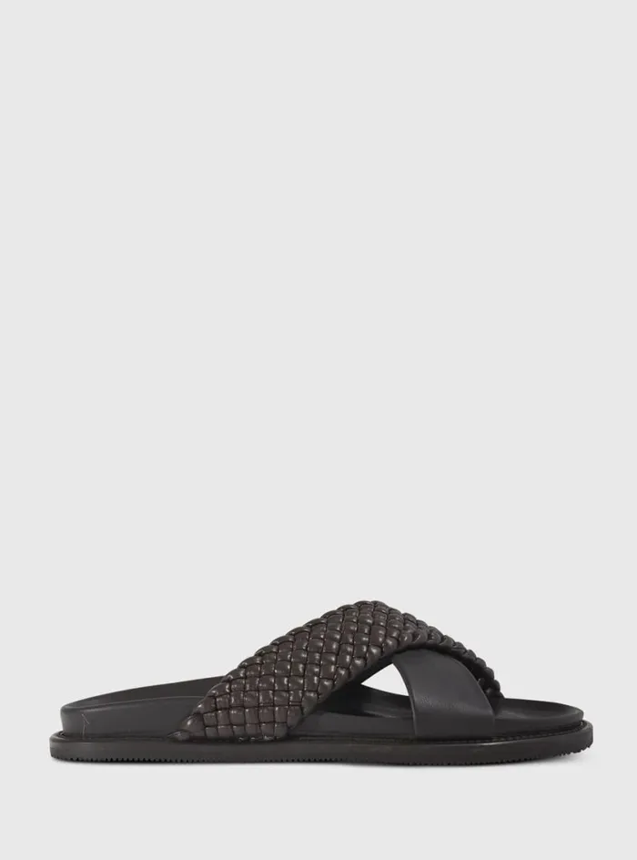 Men Paul Stuart Sandals Palau Woven Leather Slide Dark Brown