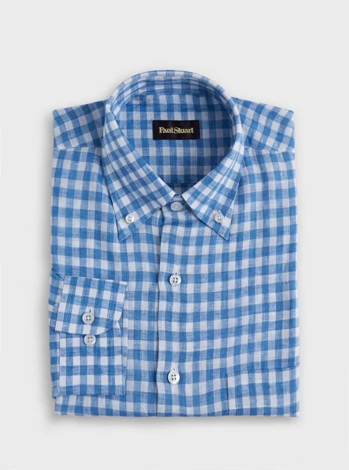Men Paul Stuart Sport Shirts Linen Gingham Sport Shirt Light Blue