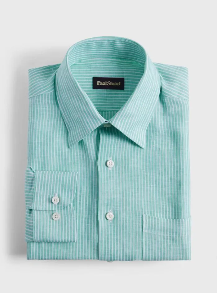 Men Paul Stuart Sport Shirts Linen Pencil Stripe Sport Shirt Green