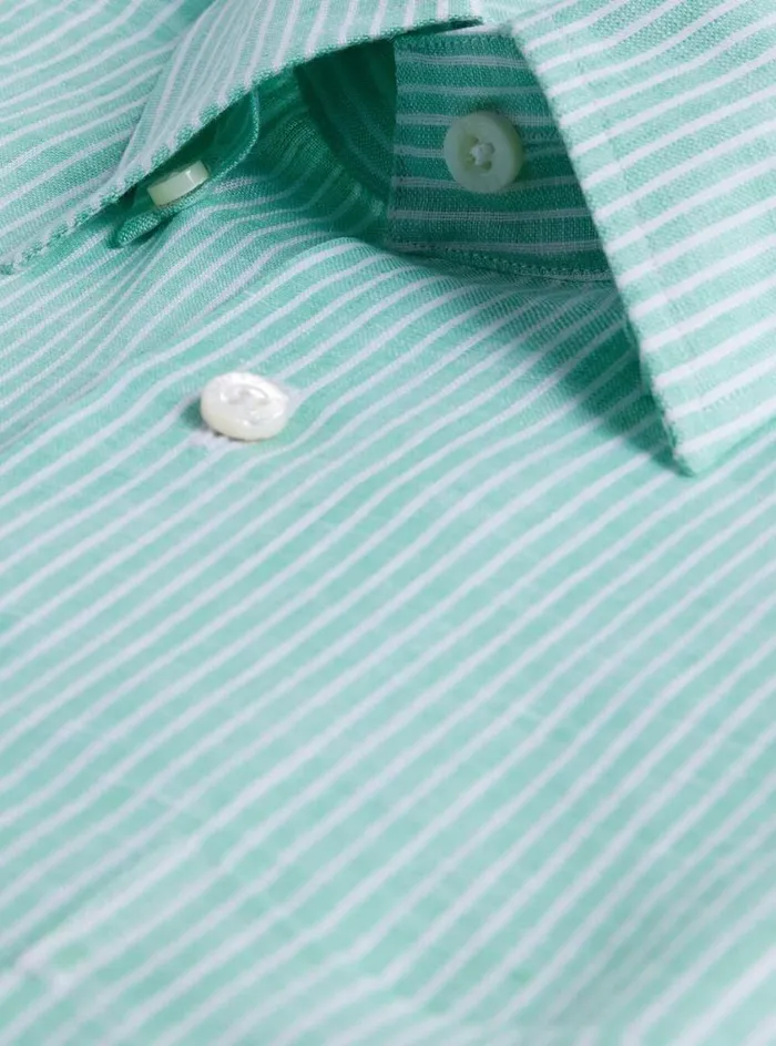 Men Paul Stuart Sport Shirts Linen Pencil Stripe Sport Shirt Green