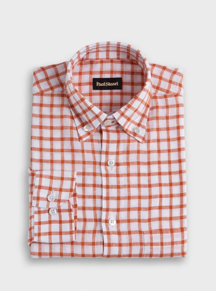 Men Paul Stuart Sport Shirts Linen Windowpane Sport Shirt Orangewhite
