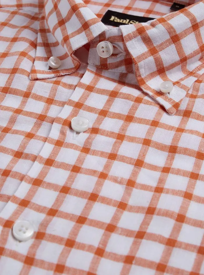 Men Paul Stuart Sport Shirts Linen Windowpane Sport Shirt Orangewhite