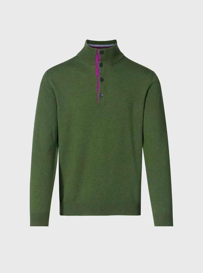 Men Paul Stuart Sweaters Cashmere Button Mock Neck Sweater Olive