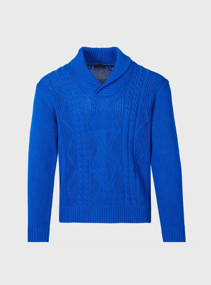 Men Paul Stuart Sweaters Cotton Cable Shawl Collar Sweater Royal Blue