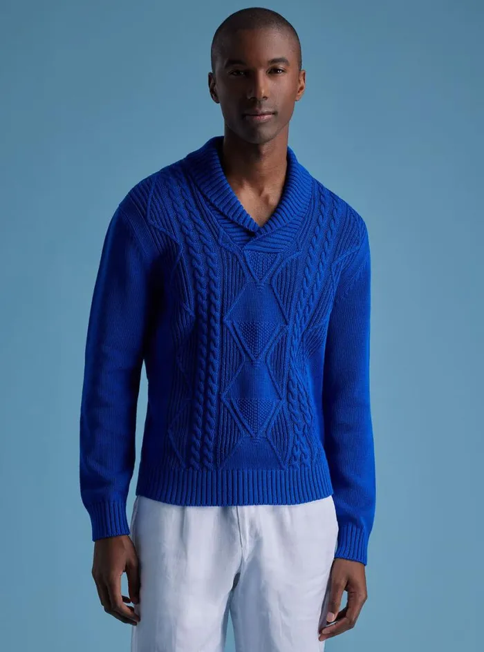 Men Paul Stuart Sweaters Cotton Cable Shawl Collar Sweater Royal Blue