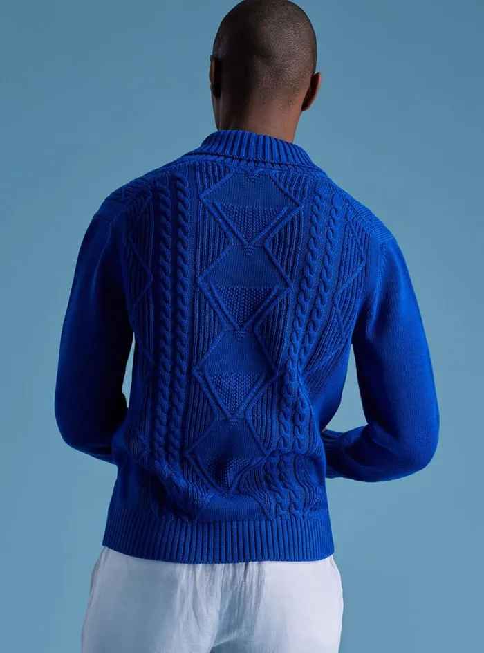 Men Paul Stuart Sweaters Cotton Cable Shawl Collar Sweater Royal Blue