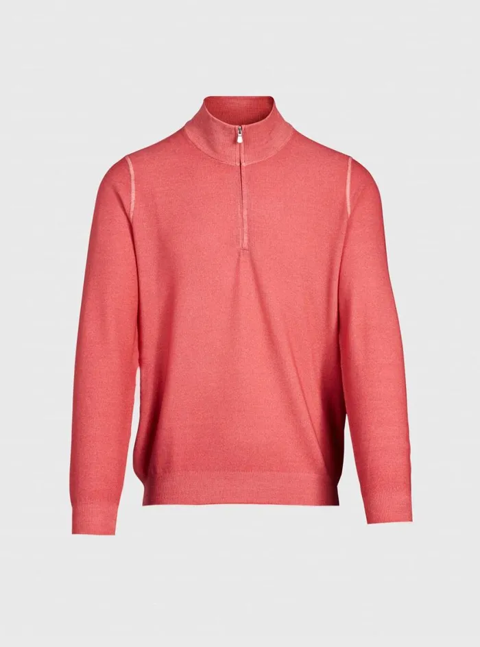 Men Paul Stuart Sweaters Merino Wool Rice Stitch Quarter Zip Sweater Pink