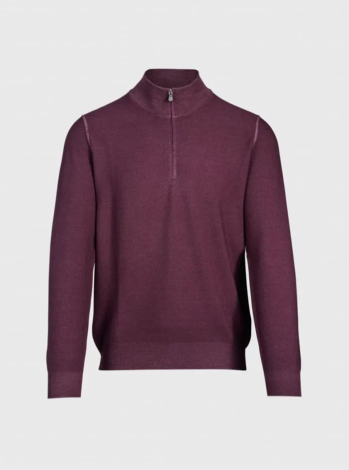 Men Paul Stuart Sweaters Merino Wool Rice Stitch Quarter Zip Sweater Plum