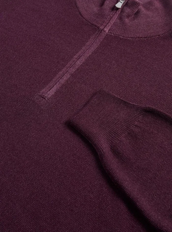 Men Paul Stuart Sweaters Merino Wool Rice Stitch Quarter Zip Sweater Plum