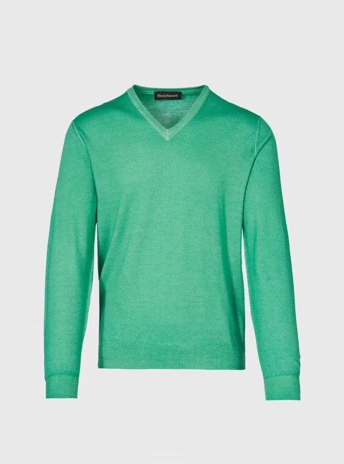 Men Paul Stuart Sweaters Merino Wool Watercolor VNeck Sweater Green