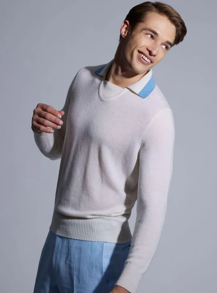 Men Paul Stuart Sweaters Open Collar Cashmere Sweater Whitelight Blue